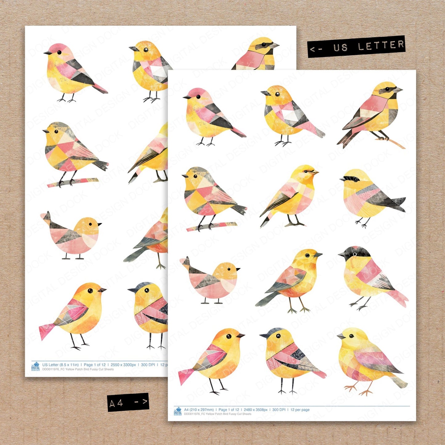 A4 and US Letter format comparison showing Yellow Patch Bird fussy cut pages for print and cut crafting