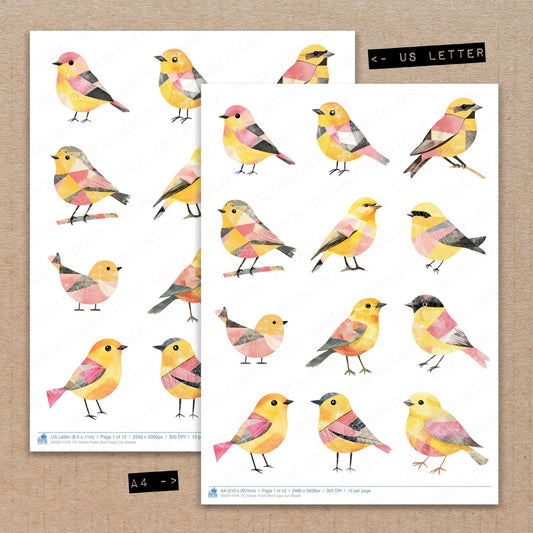 A4 and US Letter format comparison showing Yellow Patch Bird fussy cut pages for print and cut crafting