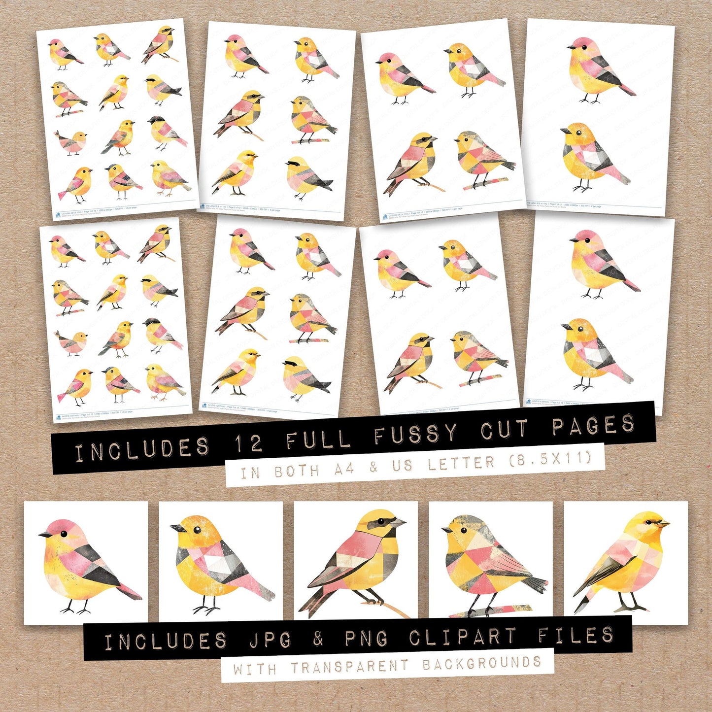 Full collection view of Yellow Patch Bird fussy cut sheets with bonus clipart JPG and PNG files