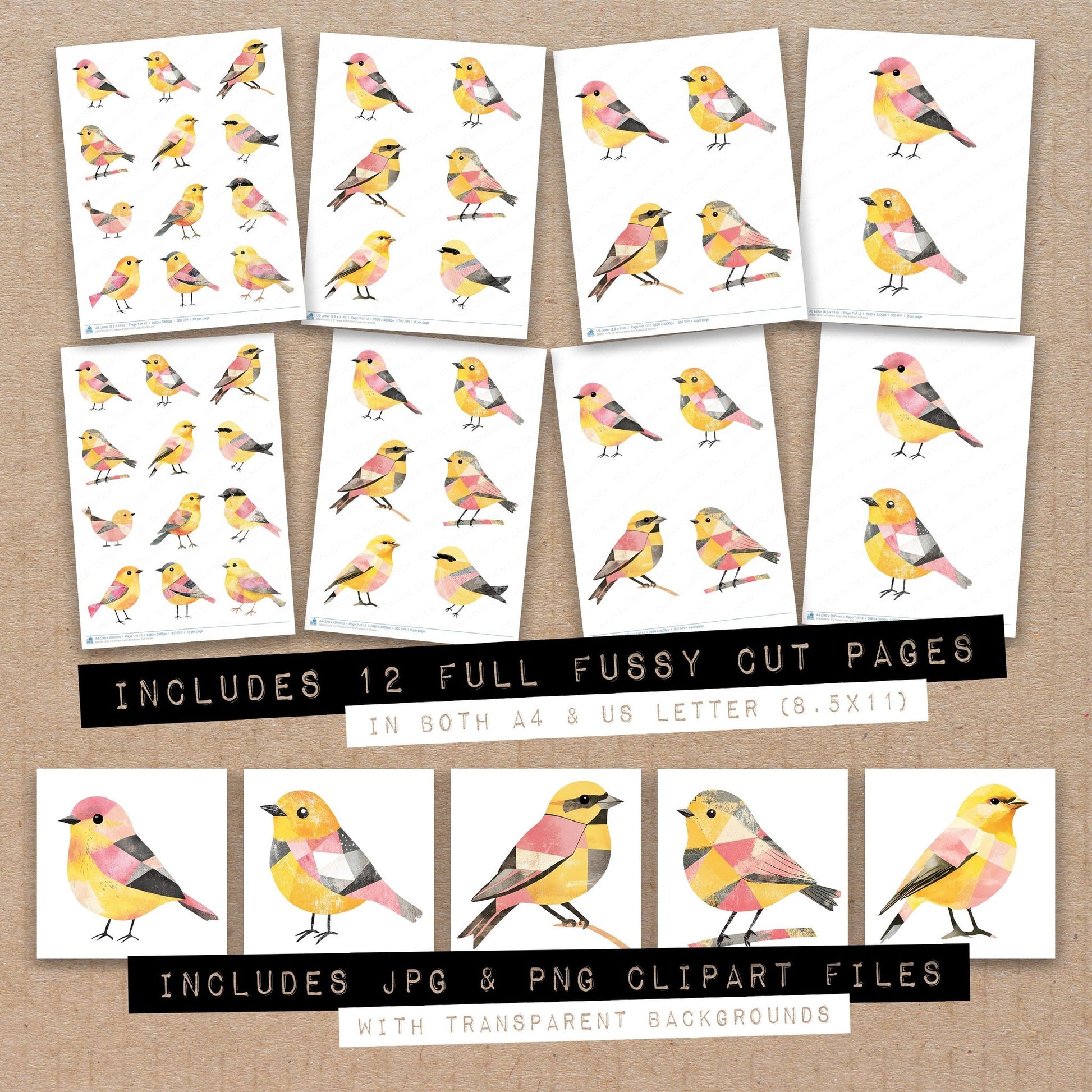 Full collection view of Yellow Patch Bird fussy cut sheets with bonus clipart JPG and PNG files