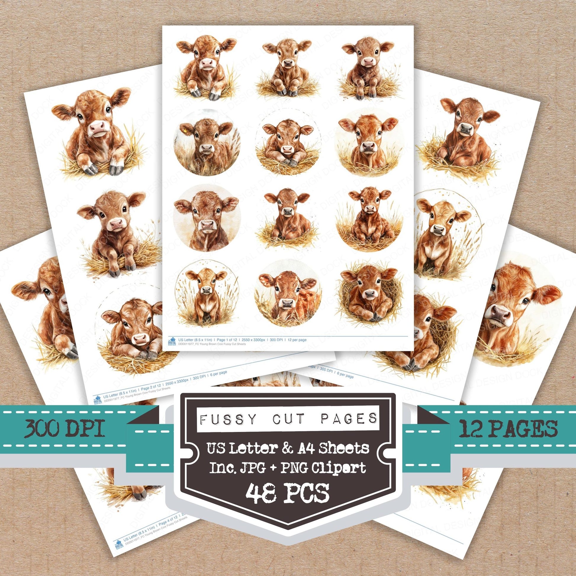 Young Brown Cow fussy cut printable sheets for junk journaling, scrapbooking, and paper craft projects