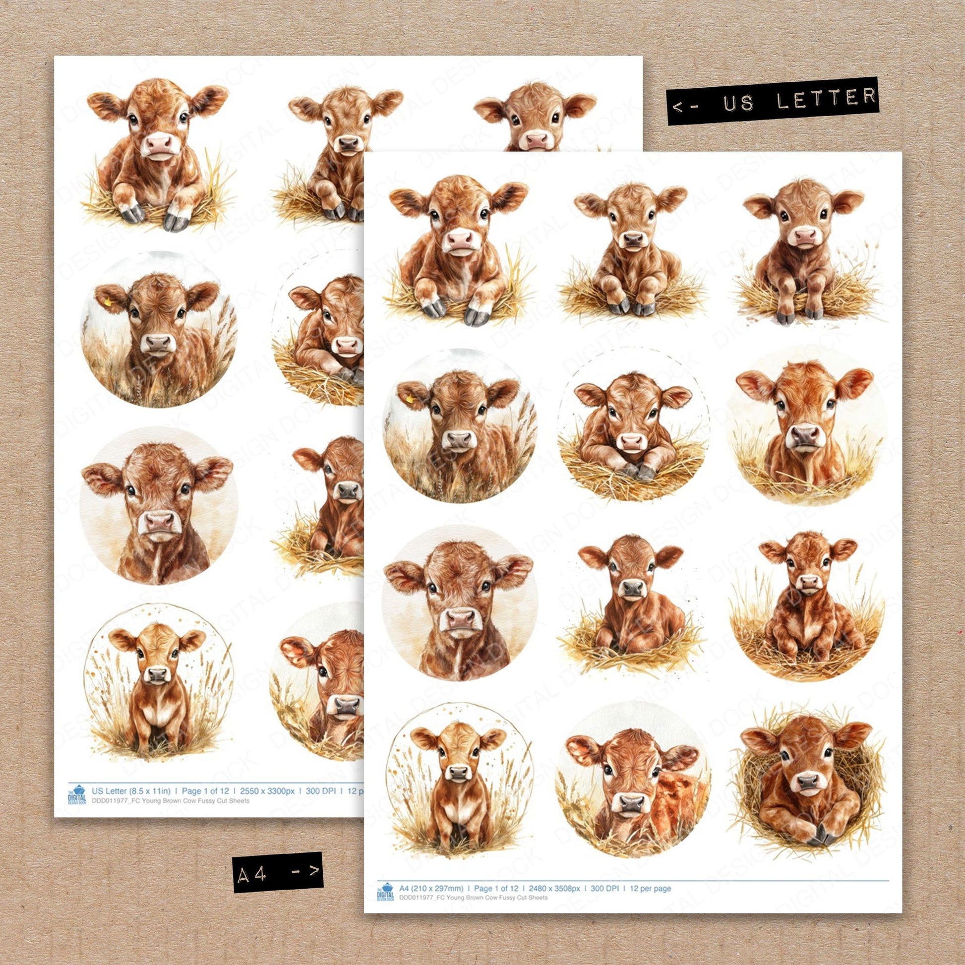 A4 and US Letter format comparison showing Young Brown Cow fussy cut pages for print and cut crafting
