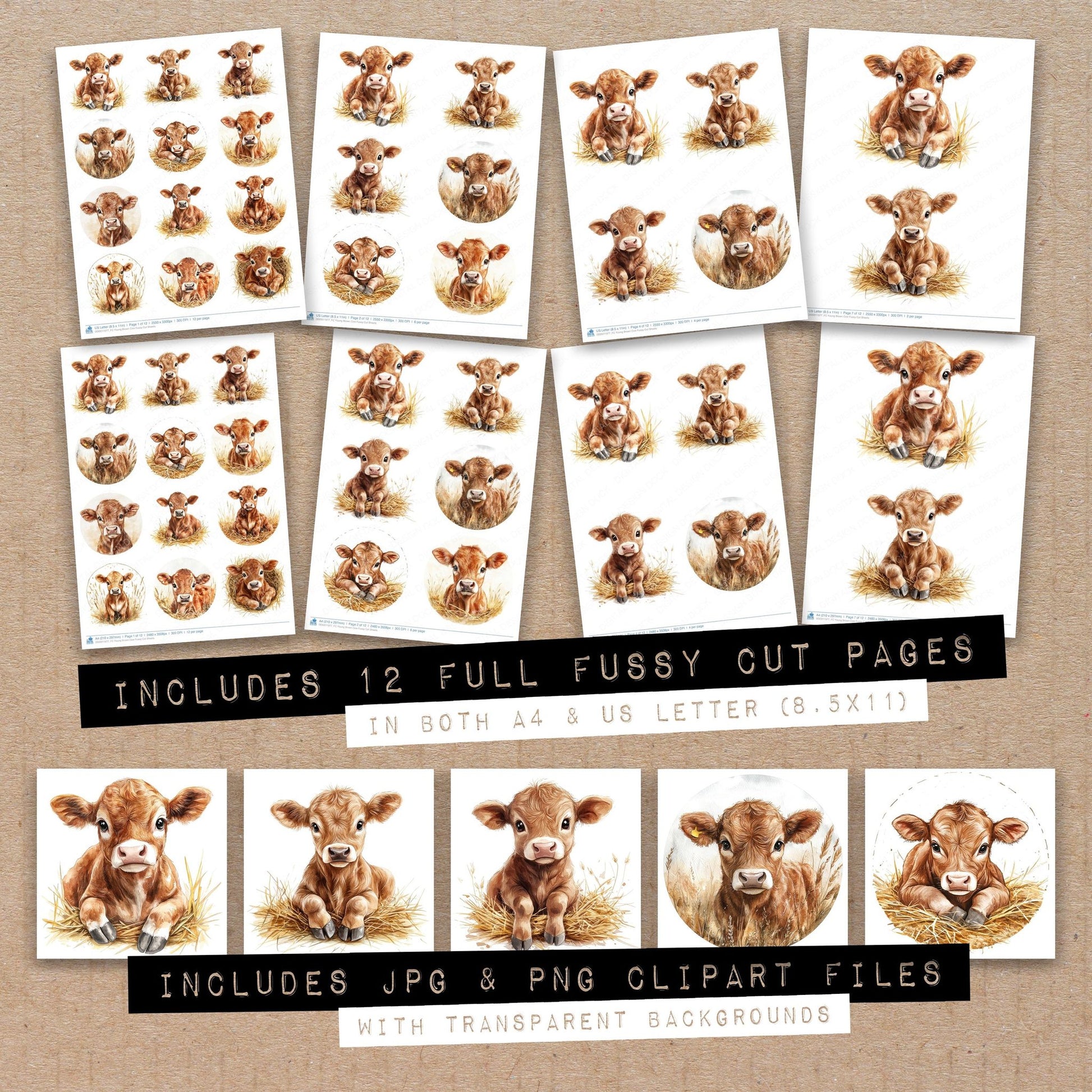 Full collection view of Young Brown Cow fussy cut sheets with bonus clipart JPG and PNG files