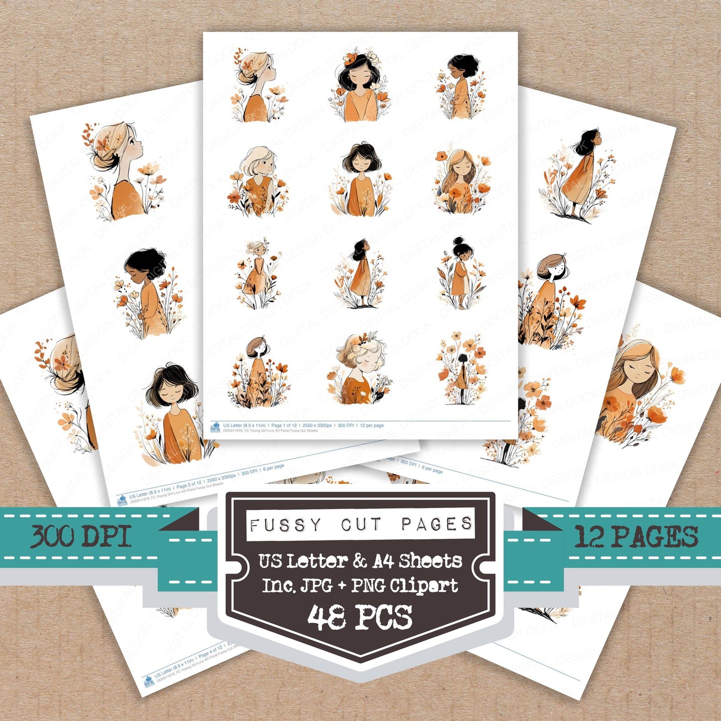 Young Girl Line Art Floral fussy cut printable sheets for junk journaling, scrapbooking, and paper craft projects