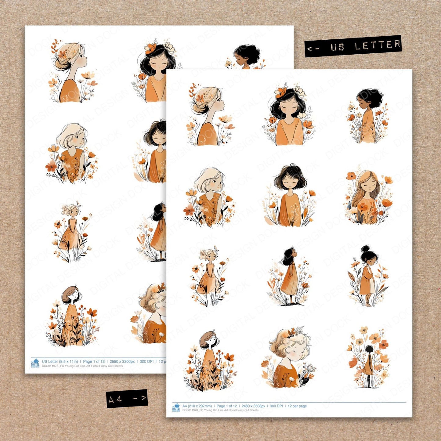 A4 and US Letter format comparison showing Young Girl Line Art Floral fussy cut pages for print and cut crafting