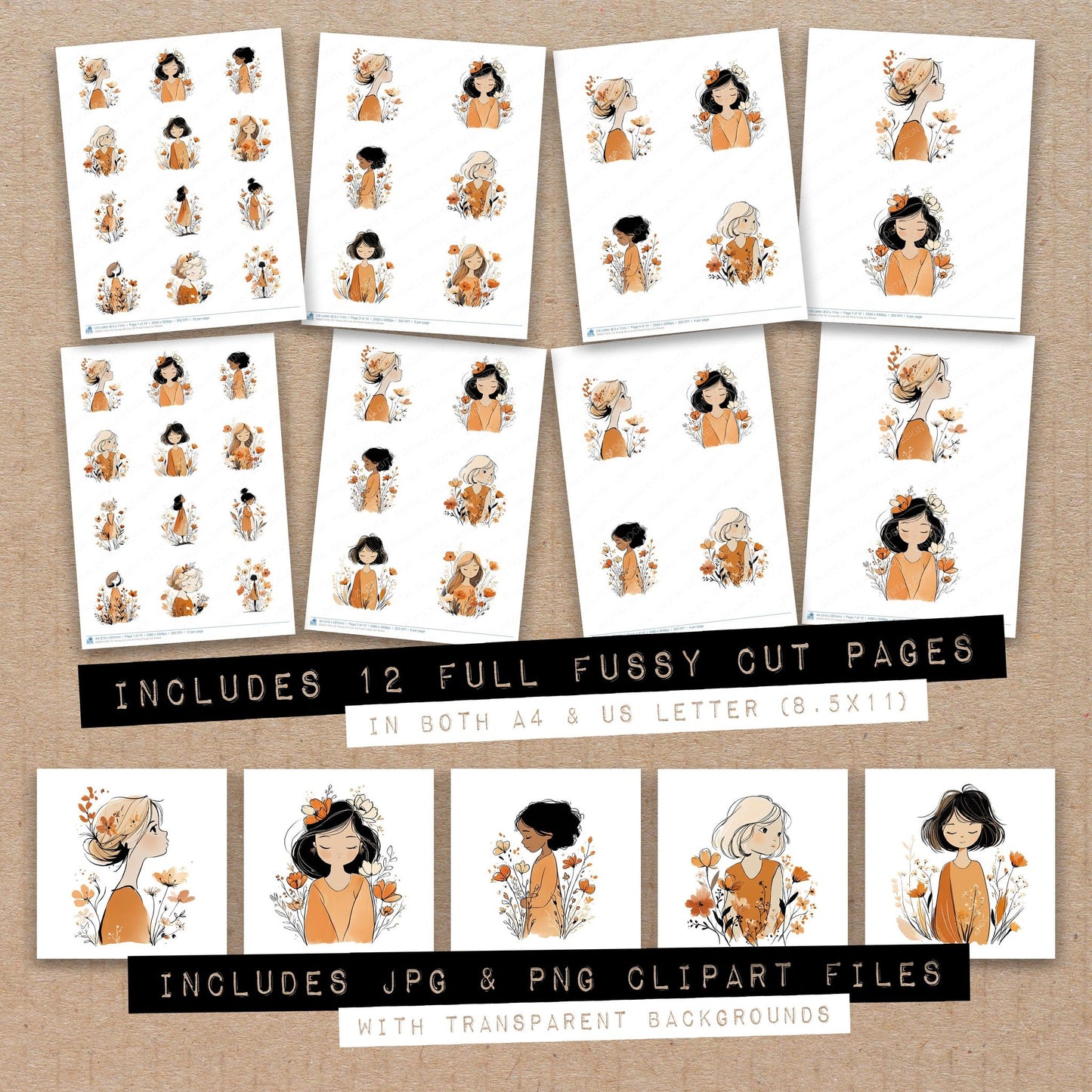 Full collection view of Young Girl Line Art Floral fussy cut sheets with bonus clipart JPG and PNG files