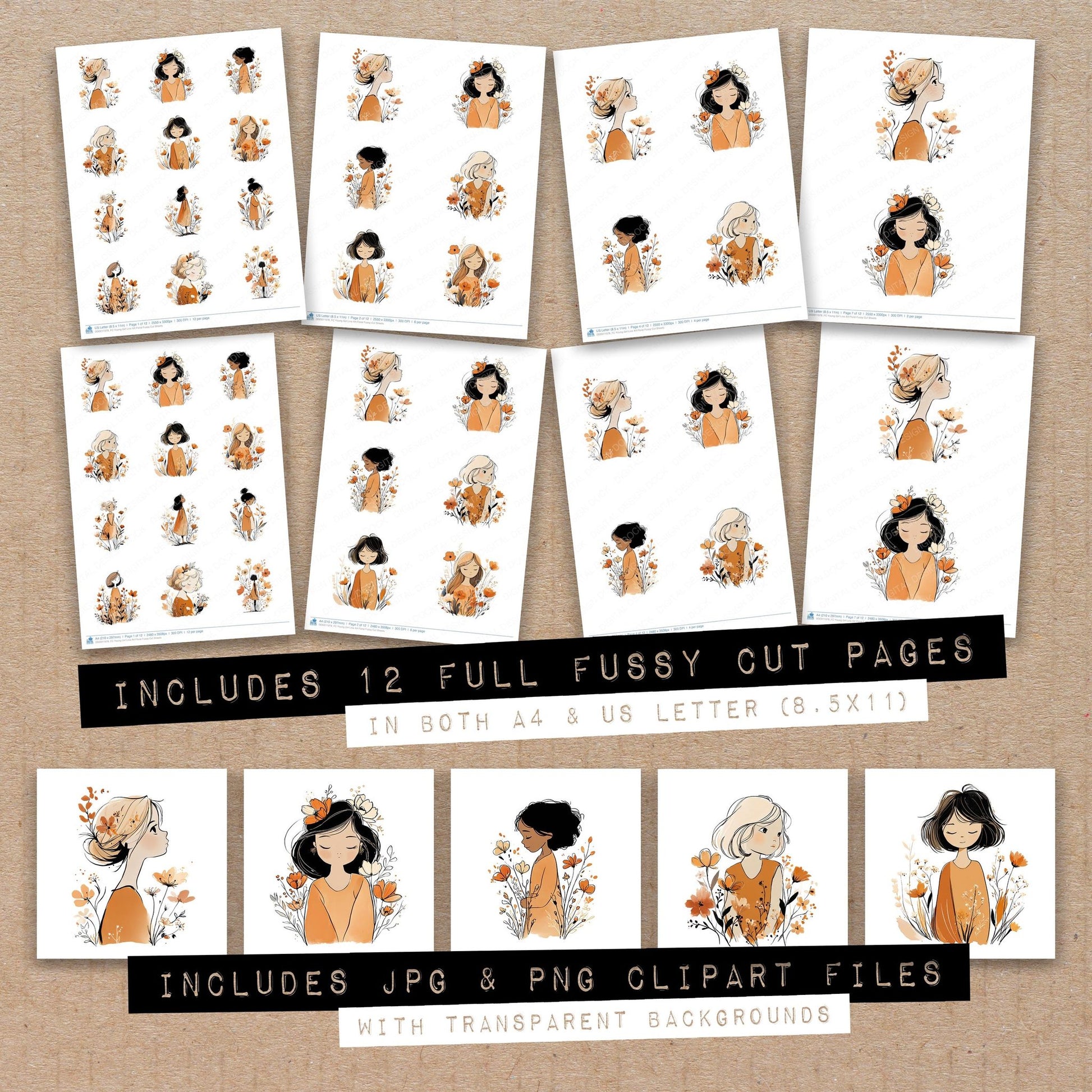 Full collection view of Young Girl Line Art Floral fussy cut sheets with bonus clipart JPG and PNG files