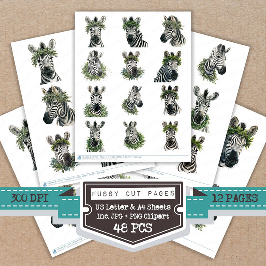 Zebra Christmas Wreath fussy cut printable sheets for junk journaling, scrapbooking, and paper craft projects