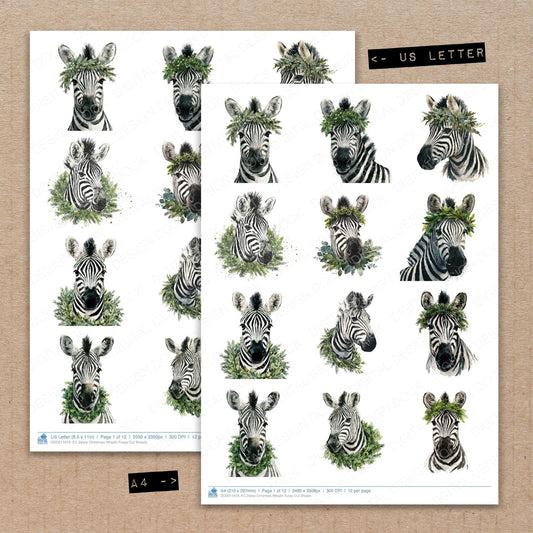 A4 and US Letter format comparison showing Zebra Christmas Wreath fussy cut pages for print and cut crafting
