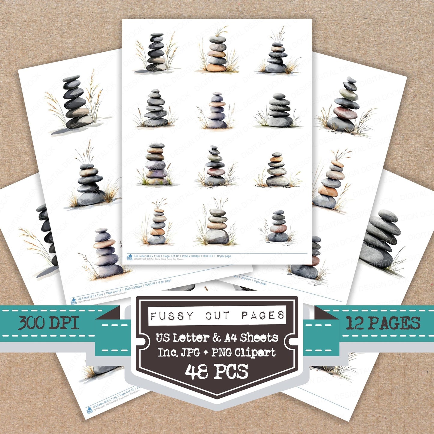 Zen Stone Stack fussy cut printable sheets for junk journaling, scrapbooking, and paper craft projects