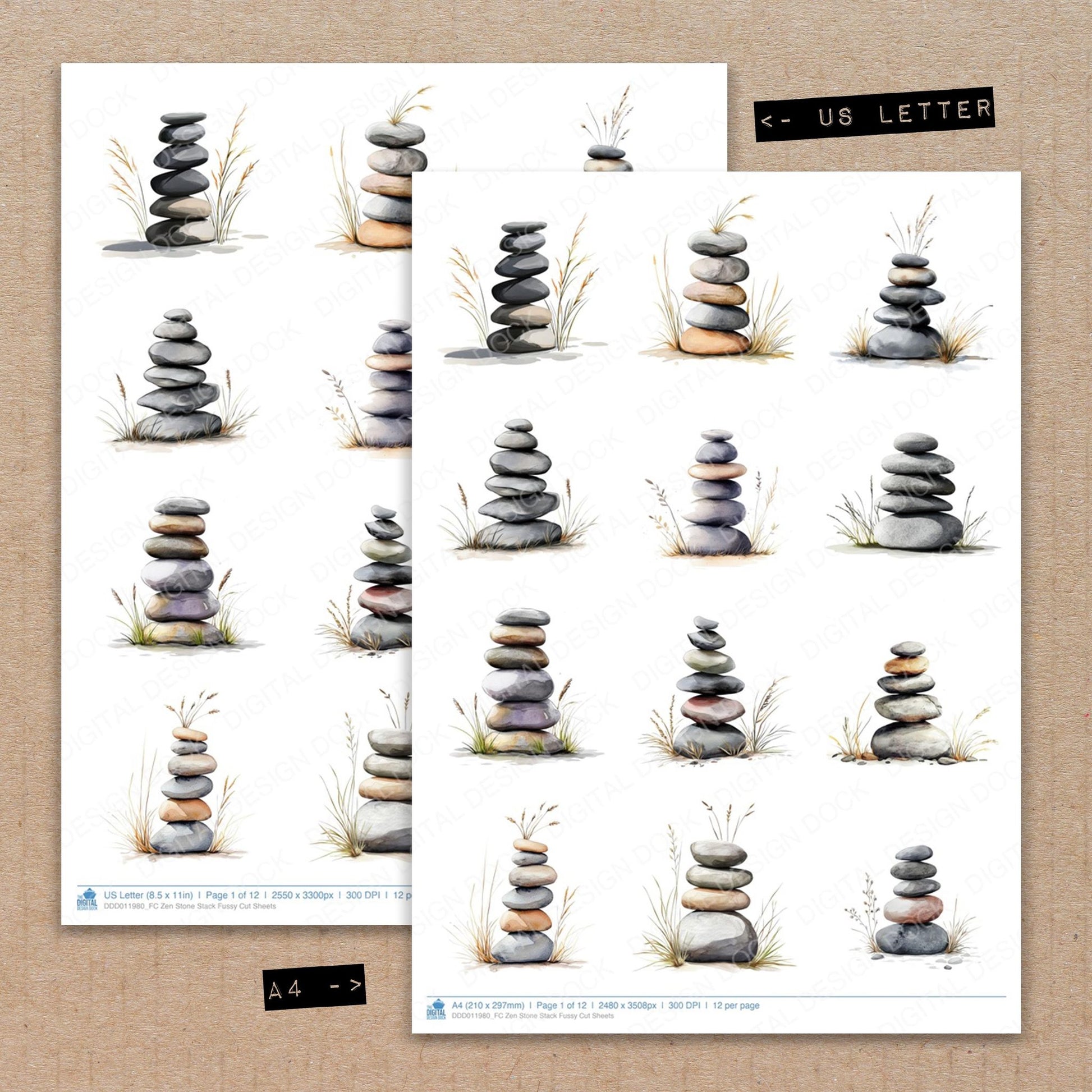 A4 and US Letter format comparison showing Zen Stone Stack fussy cut pages for print and cut crafting