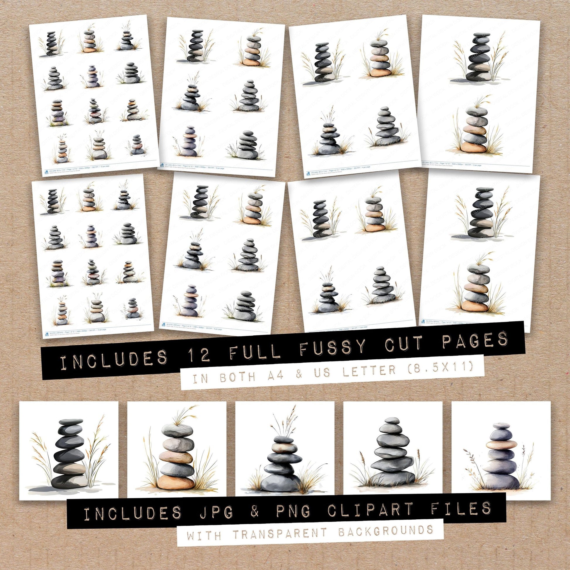 Full collection view of Zen Stone Stack fussy cut sheets with bonus clipart JPG and PNG files