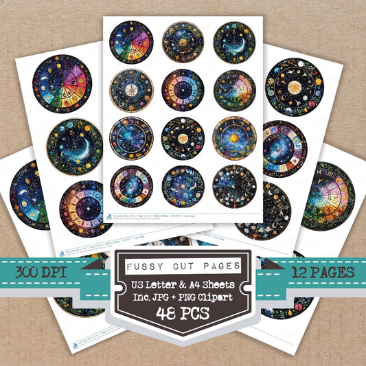 Zodiac Astrology Wheel fussy cut printable sheets for junk journaling, scrapbooking, and paper craft projects