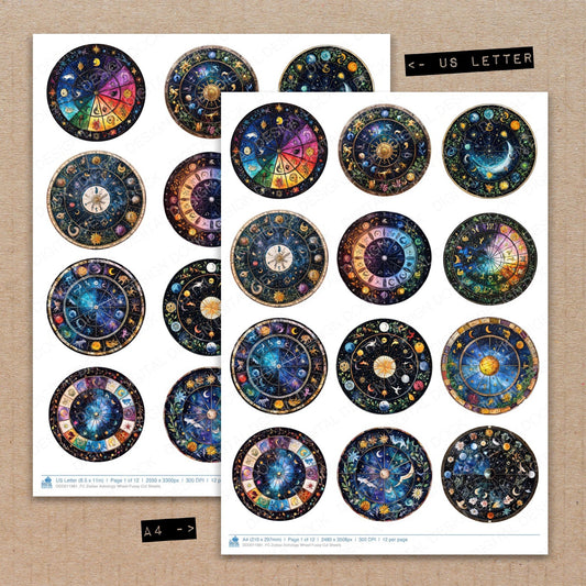 A4 and US Letter format comparison showing Zodiac Astrology Wheel fussy cut pages for print and cut crafting