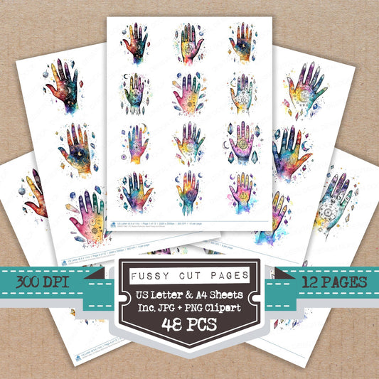 Zodiac Palmistry Hand fussy cut printable sheets for junk journaling, scrapbooking, and paper craft projects