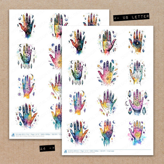 A4 and US Letter format comparison showing Zodiac Palmistry Hand fussy cut pages for print and cut crafting