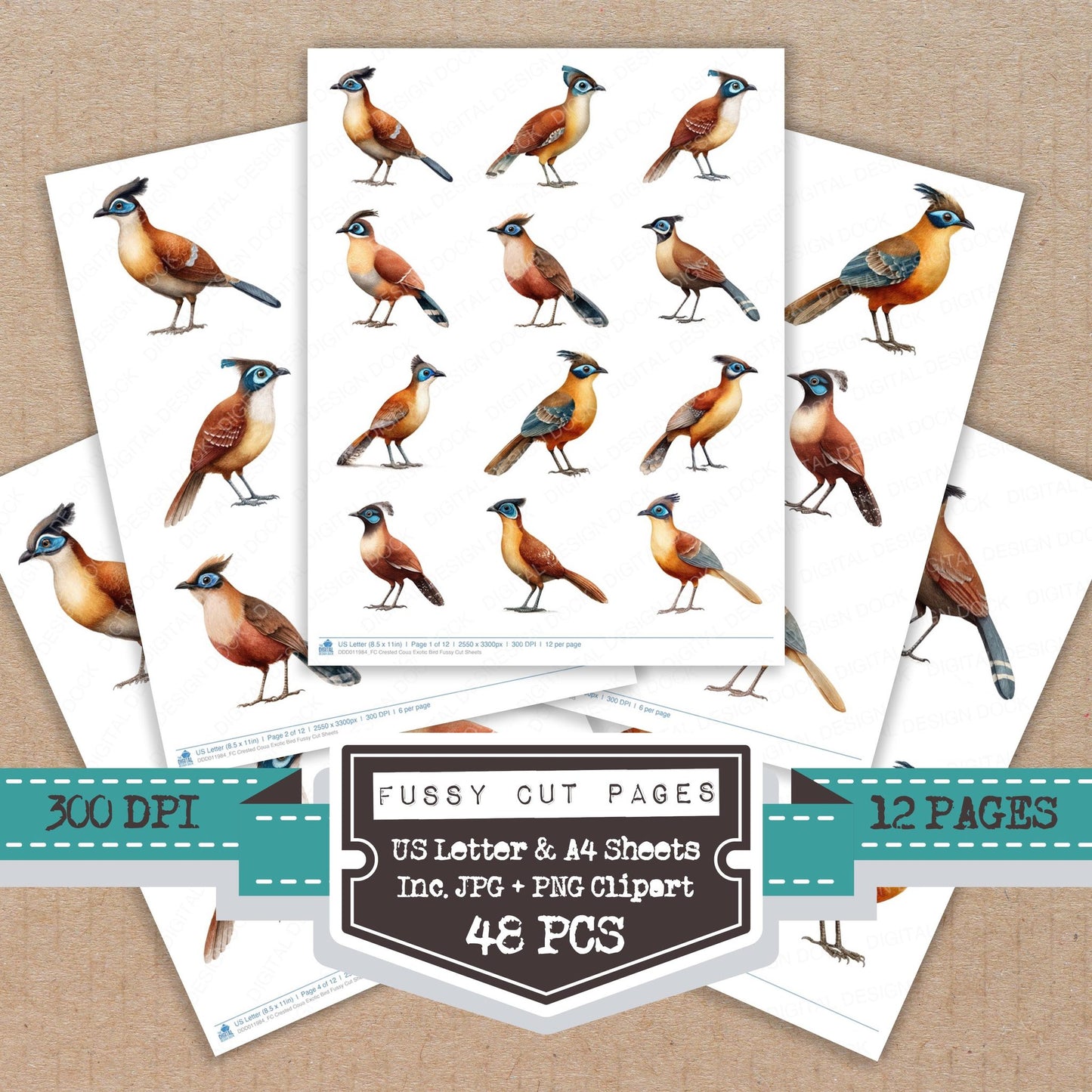 Crested Coua Exotic Bird fussy cut printable sheets for junk journaling, scrapbooking, and paper craft projects