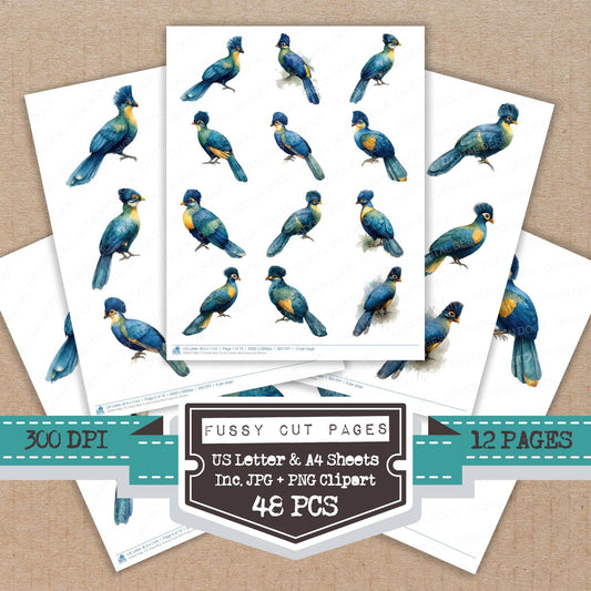 Great Blue Turaco Exotic Bird fussy cut printable sheets for junk journaling, scrapbooking, and paper craft projects