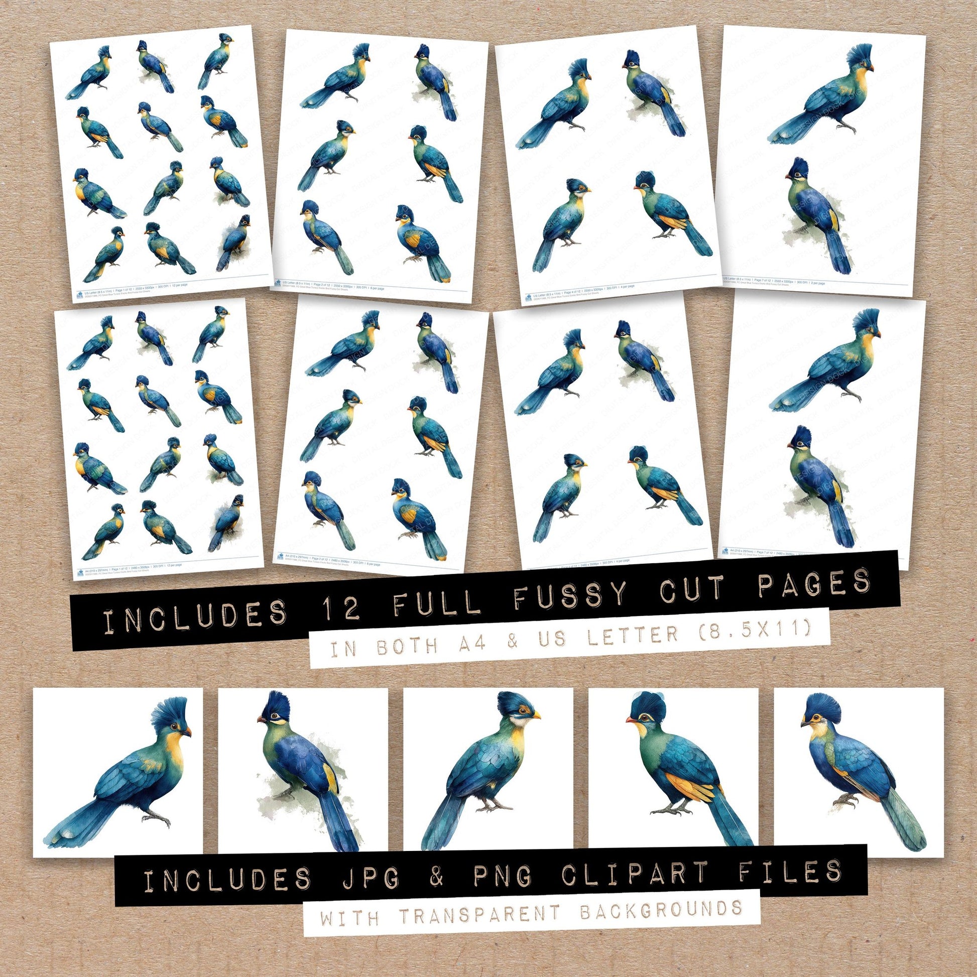 Full collection view of Great Blue Turaco Exotic Bird fussy cut sheets with bonus clipart JPG and PNG files