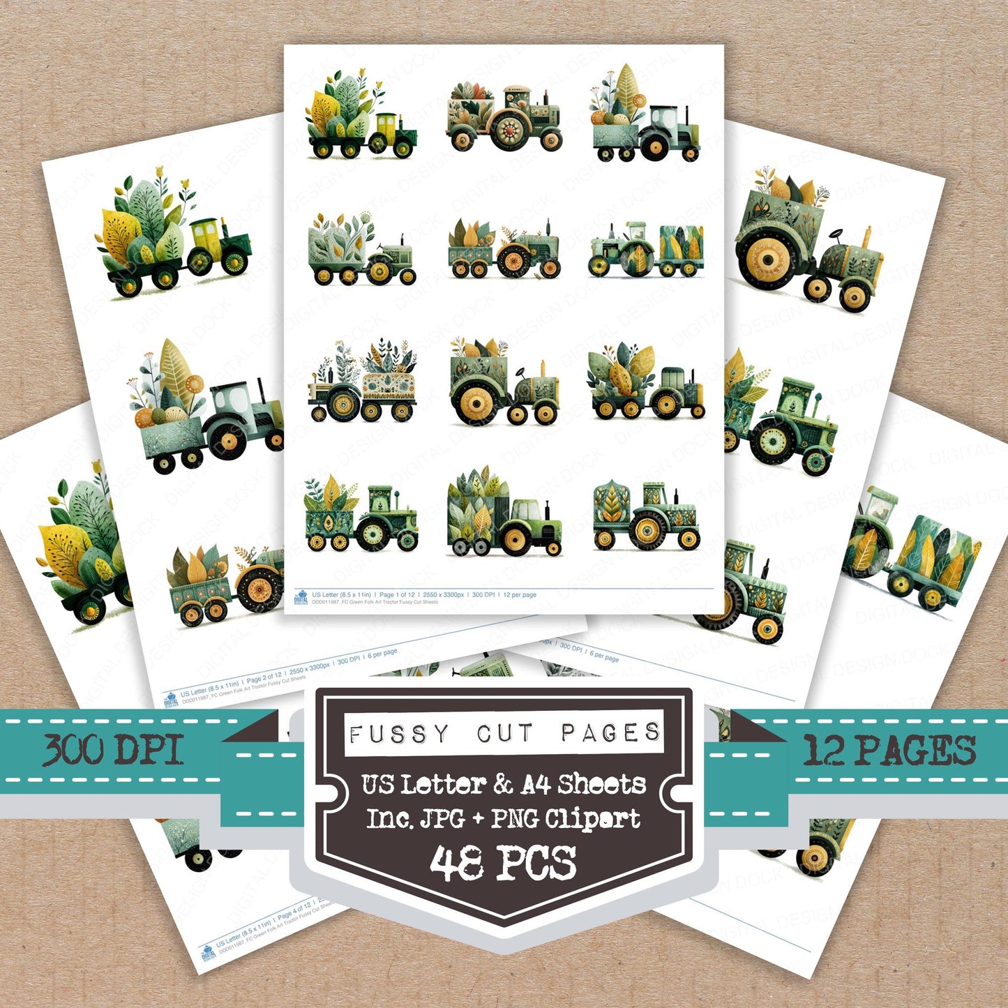 Green Folk Art Tractor fussy cut printable sheets for junk journaling, scrapbooking, and paper craft projects