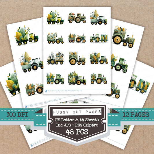 Green Folk Art Tractor fussy cut printable sheets for junk journaling, scrapbooking, and paper craft projects