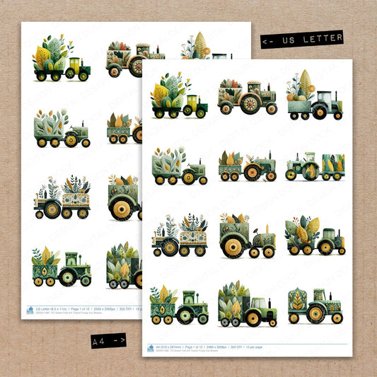 A4 and US Letter format comparison showing Green Folk Art Tractor fussy cut pages for print and cut crafting