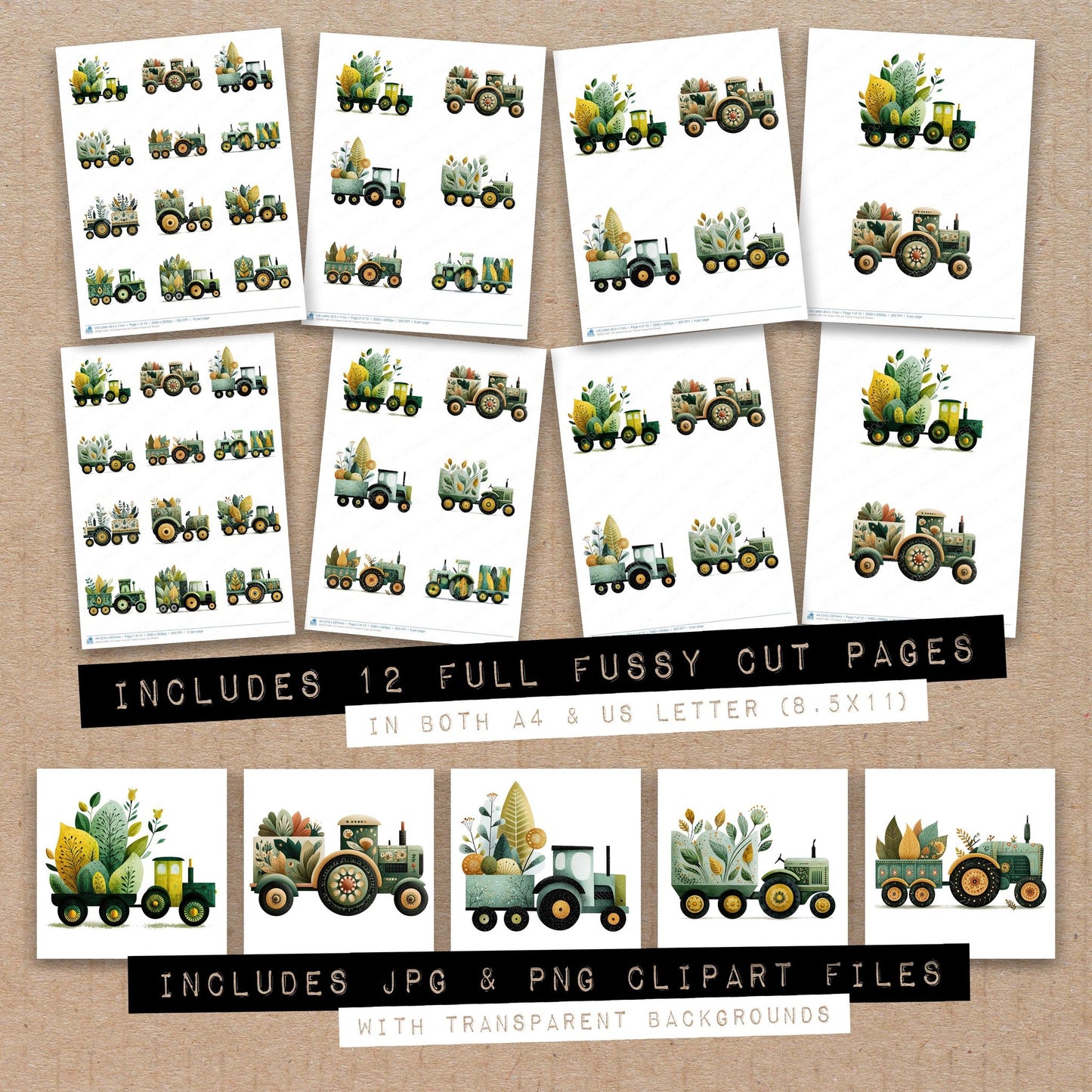 Full collection view of Green Folk Art Tractor fussy cut sheets with bonus clipart JPG and PNG files