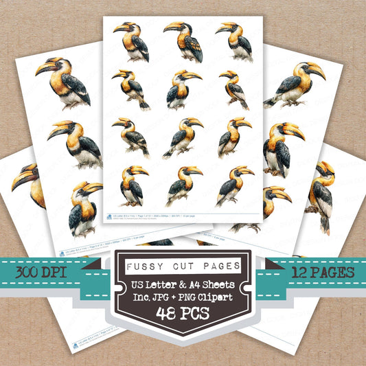 Hornbill Exotic Bird fussy cut printable sheets for junk journaling, scrapbooking, and paper craft projects