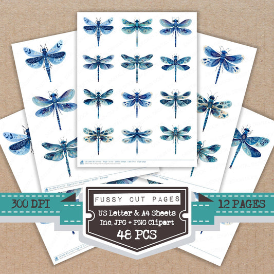 Indigo Folk Art Dragonfly fussy cut printable sheets for junk journaling, scrapbooking, and paper craft projects