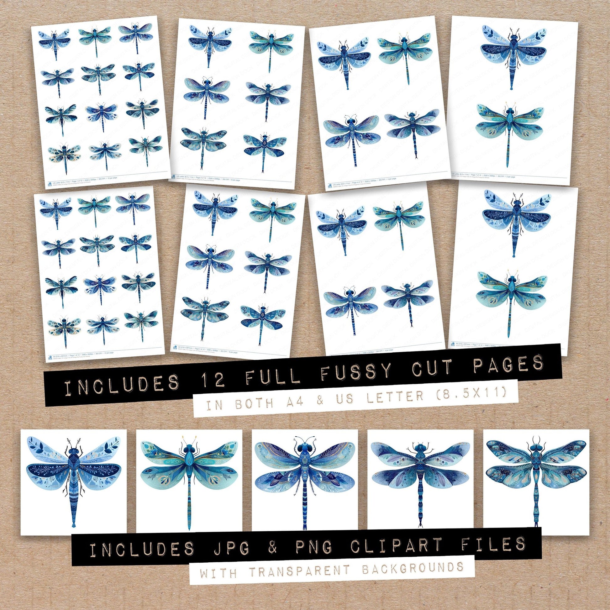 Full collection view of Indigo Folk Art Dragonfly fussy cut sheets with bonus clipart JPG and PNG files