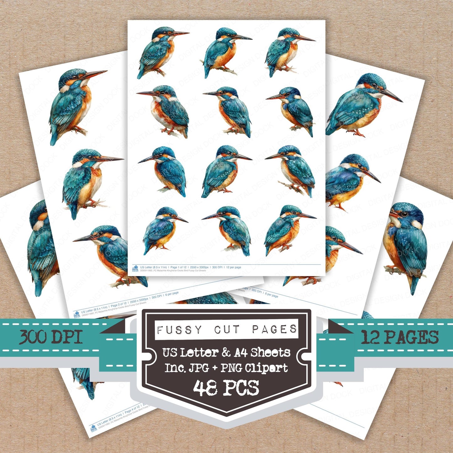 Malachite Kingfisher Exotic Bird fussy cut printable sheets for junk journaling, scrapbooking, and paper craft projects