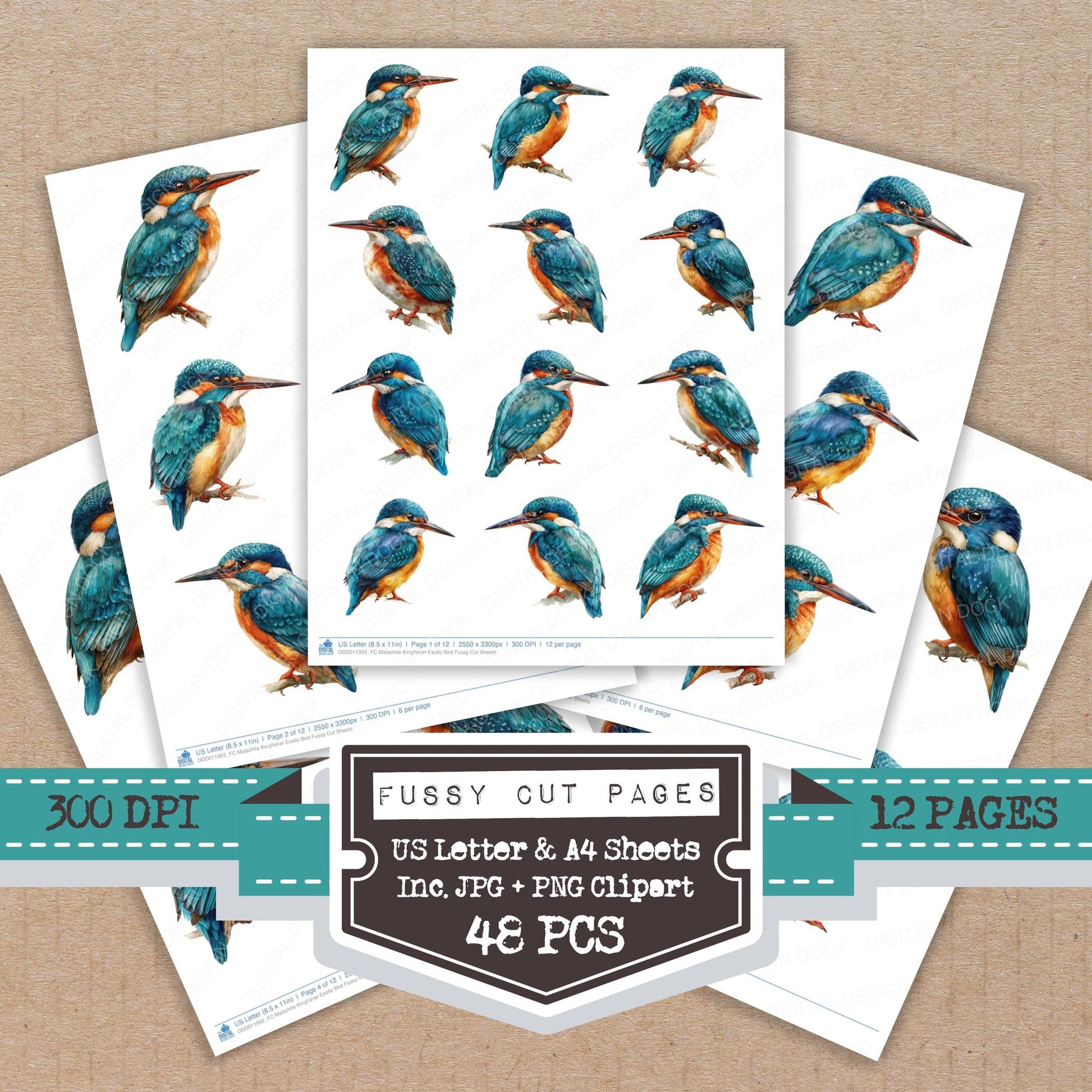 Malachite Kingfisher Exotic Bird fussy cut printable sheets for junk journaling, scrapbooking, and paper craft projects