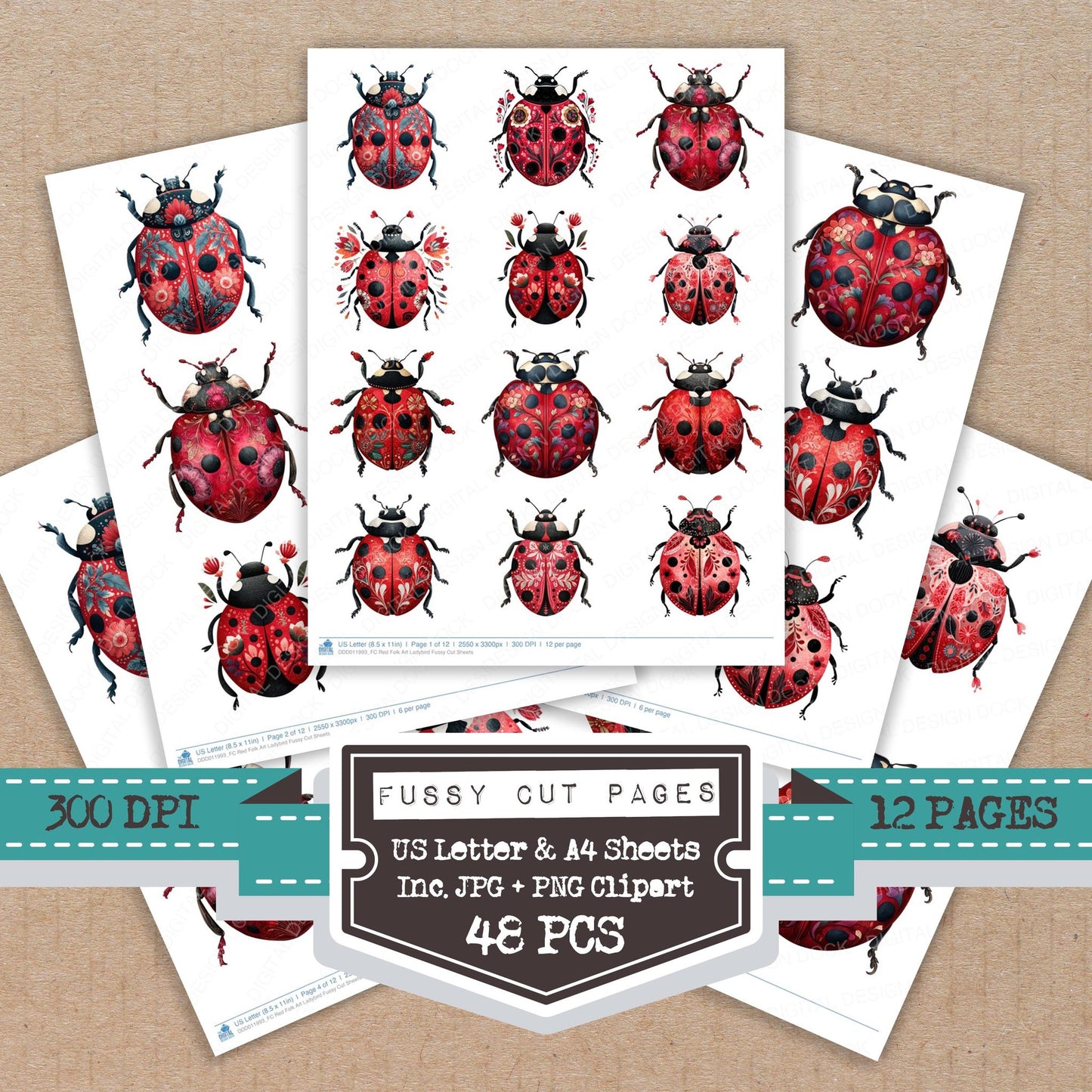Red Folk Art Ladybird fussy cut printable sheets for junk journaling, scrapbooking, and paper craft projects