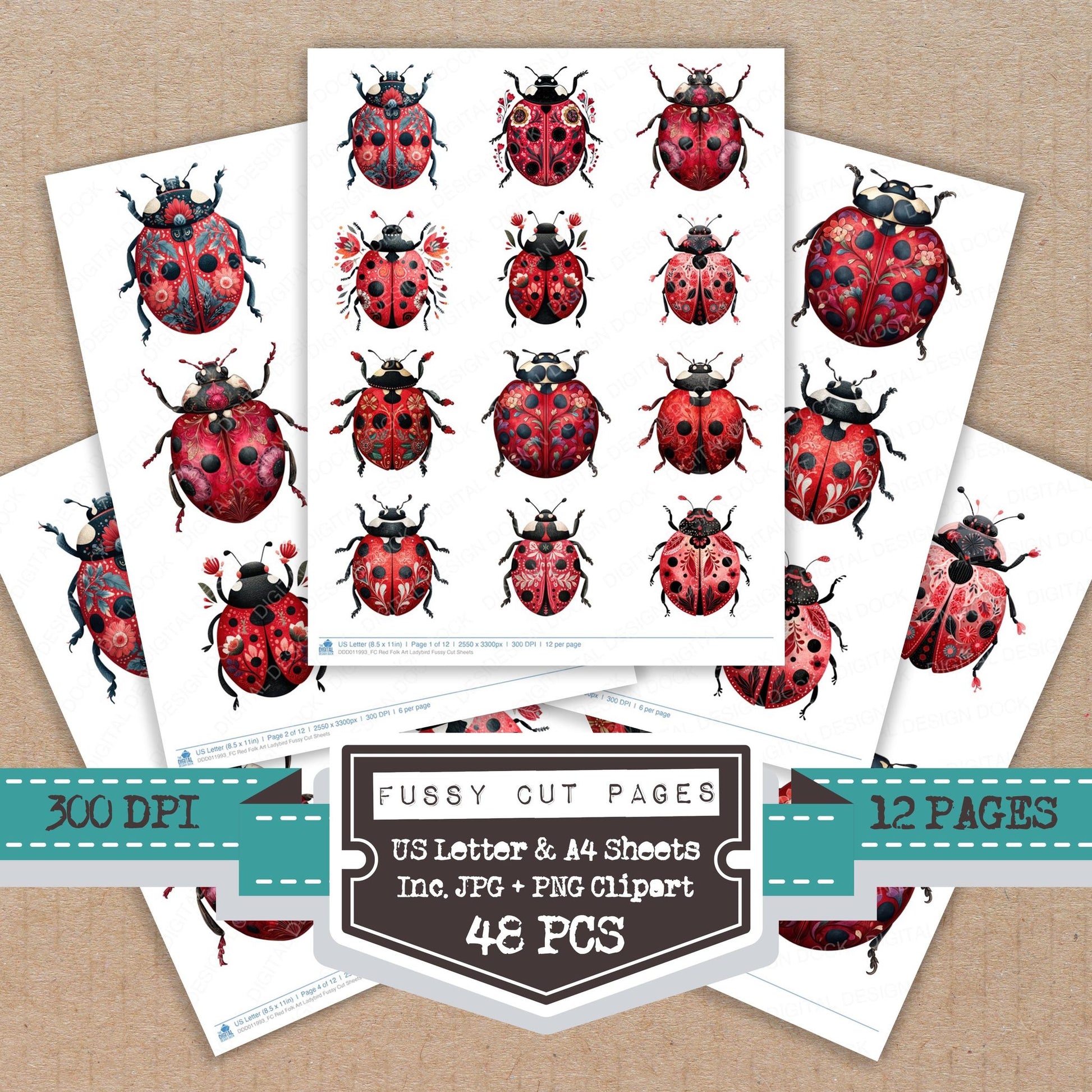 Red Folk Art Ladybird fussy cut printable sheets for junk journaling, scrapbooking, and paper craft projects