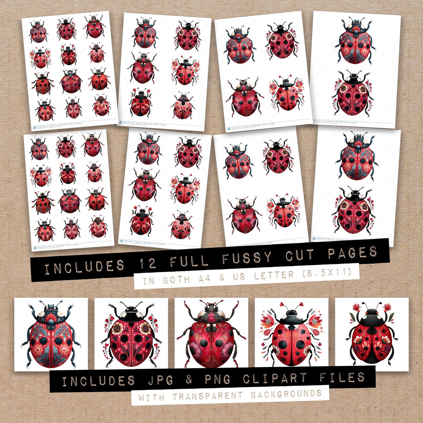 Full collection view of Red Folk Art Ladybird fussy cut sheets with bonus clipart JPG and PNG files
