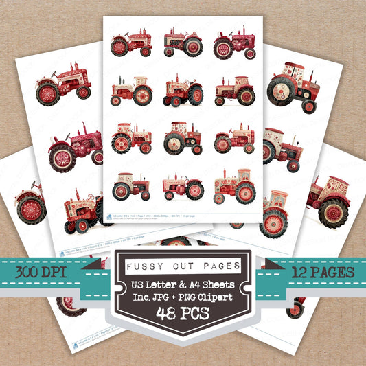 Red Folk Art Tractor fussy cut printable sheets for junk journaling, scrapbooking, and paper craft projects