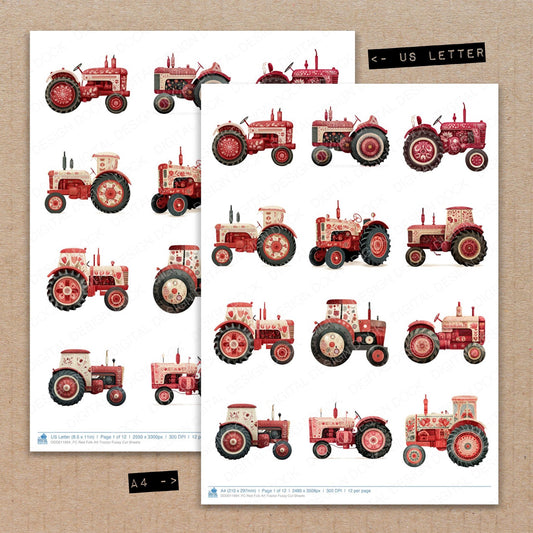 A4 and US Letter format comparison showing Red Folk Art Tractor fussy cut pages for print and cut crafting