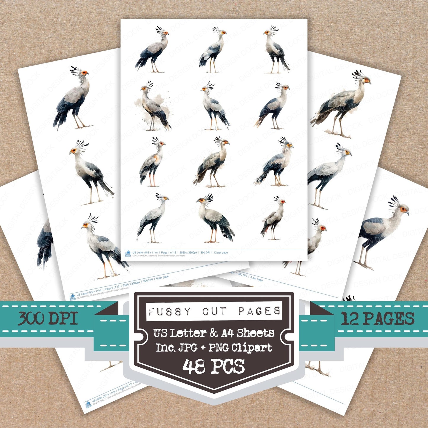 Secretary Exotic Bird fussy cut printable sheets for junk journaling, scrapbooking, and paper craft projects