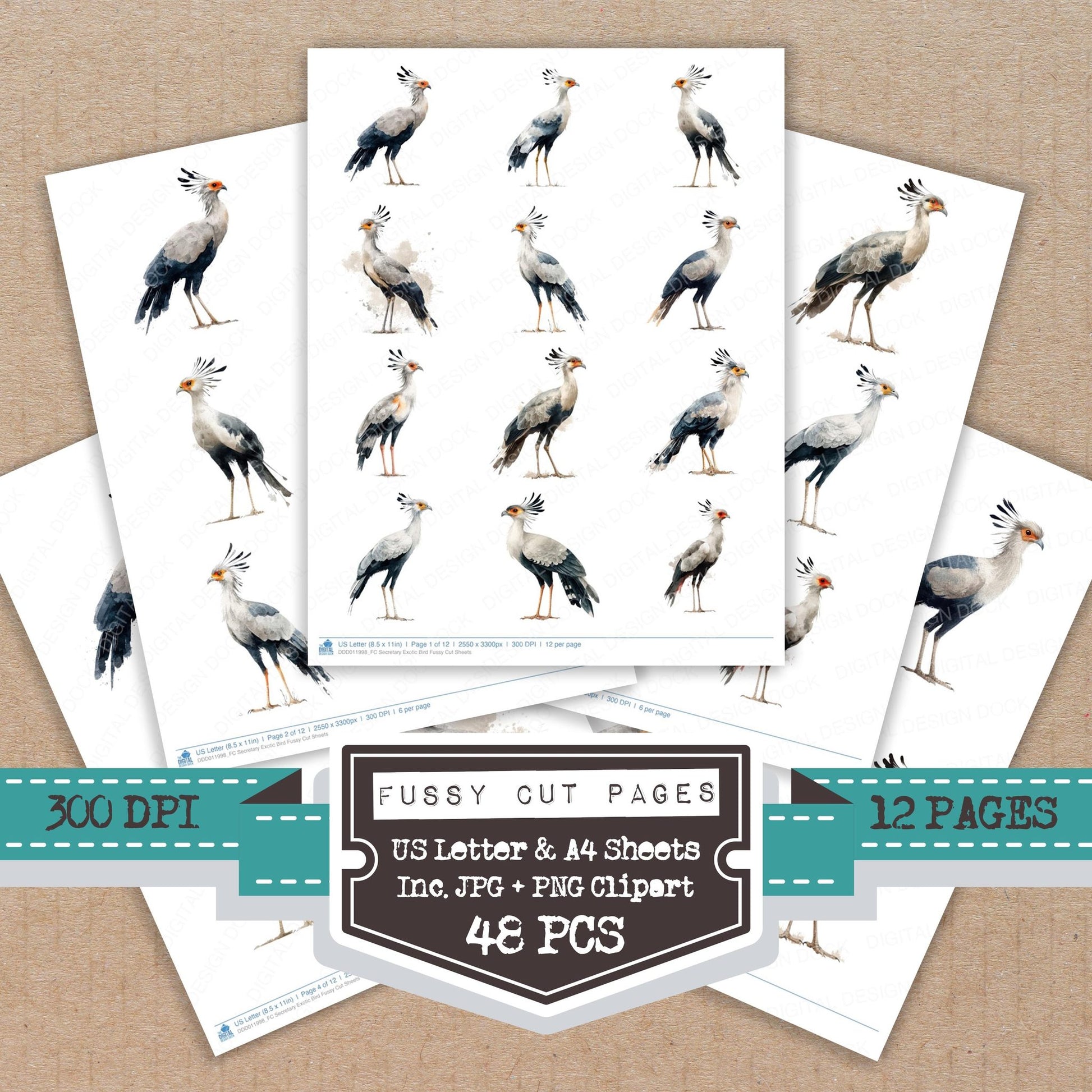 Secretary Exotic Bird fussy cut printable sheets for junk journaling, scrapbooking, and paper craft projects