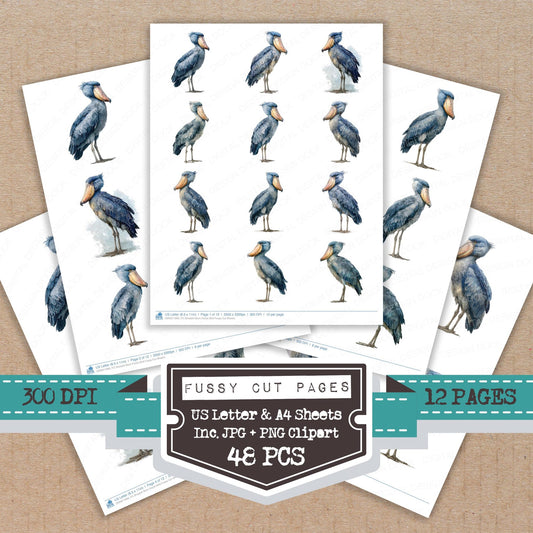Shoebill Stork Exotic Bird fussy cut printable sheets for junk journaling, scrapbooking, and paper craft projects