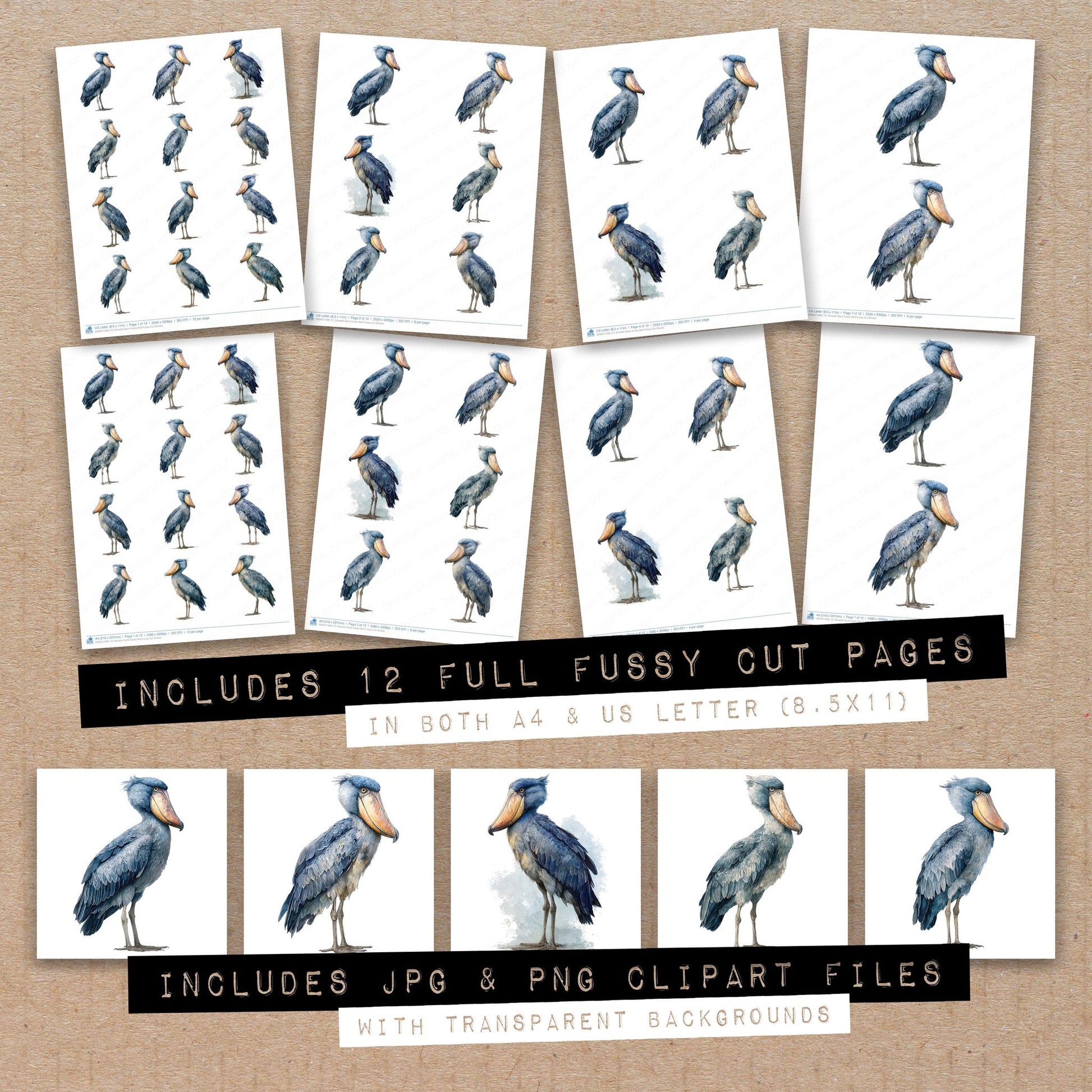 Full collection view of Shoebill Stork Exotic Bird fussy cut sheets with bonus clipart JPG and PNG files
