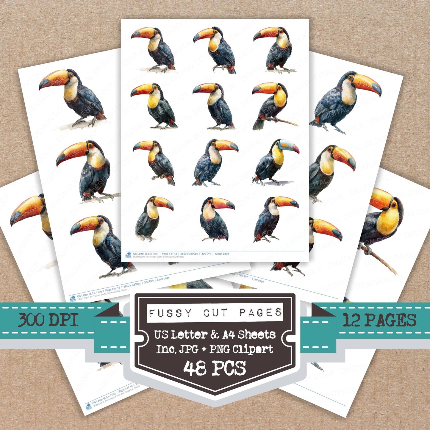 Toucan Exotic Bird fussy cut printable sheets for junk journaling, scrapbooking, and paper craft projects