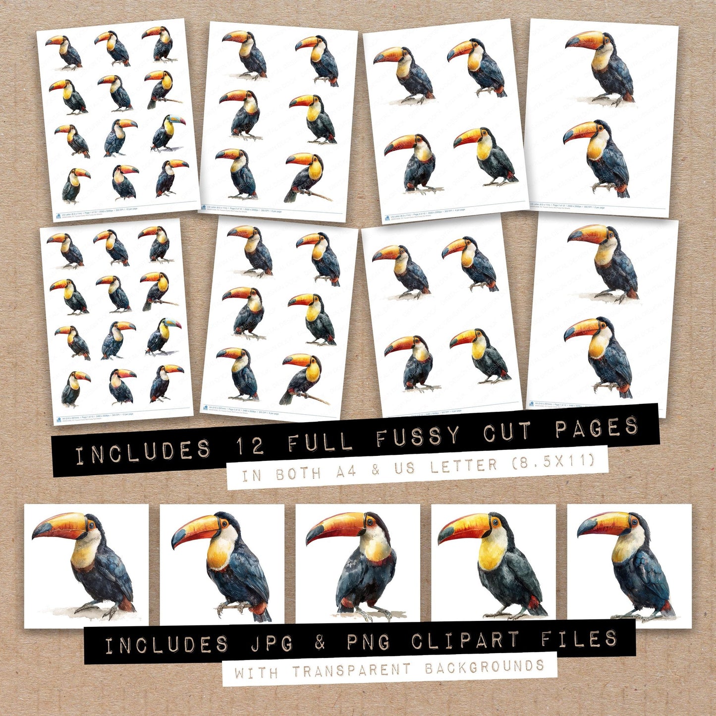 Full collection view of Toucan Exotic Bird fussy cut sheets with bonus clipart JPG and PNG files