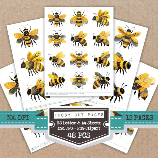 Yellow Folk Art Bee fussy cut printable sheets for junk journaling, scrapbooking, and paper craft projects