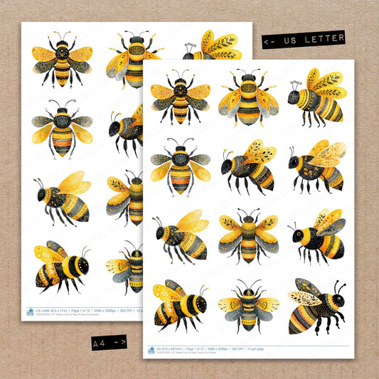 A4 and US Letter format comparison showing Yellow Folk Art Bee fussy cut pages for print and cut crafting