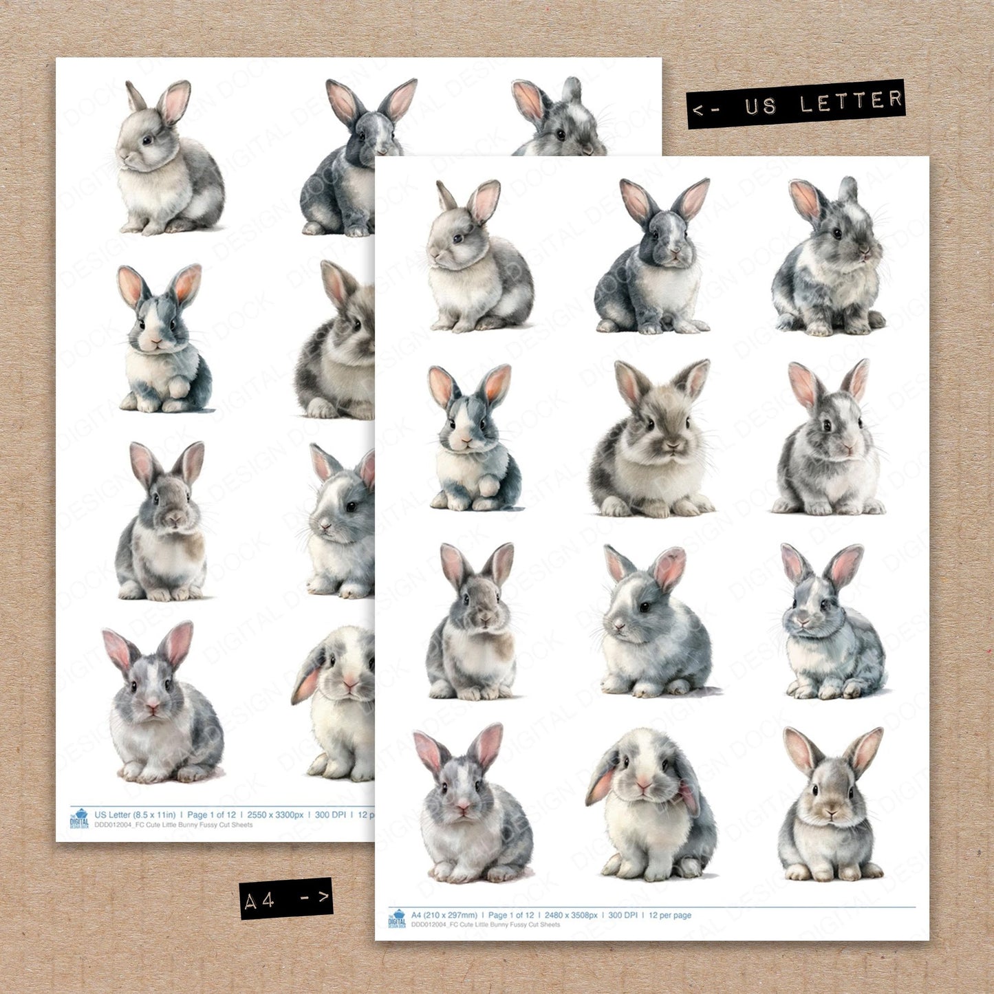 A4 and US Letter format comparison showing Cute Little Bunny fussy cut pages for print and cut crafting