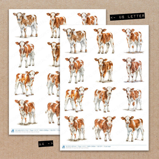 A4 and US Letter format comparison showing Cute Little Calf fussy cut pages for print and cut crafting