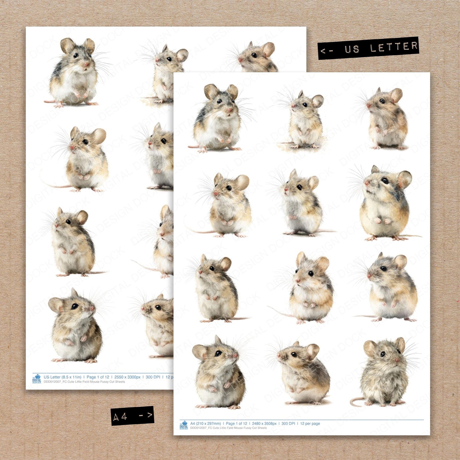 A4 and US Letter format comparison showing Cute Little Field Mouse fussy cut pages for print and cut crafting