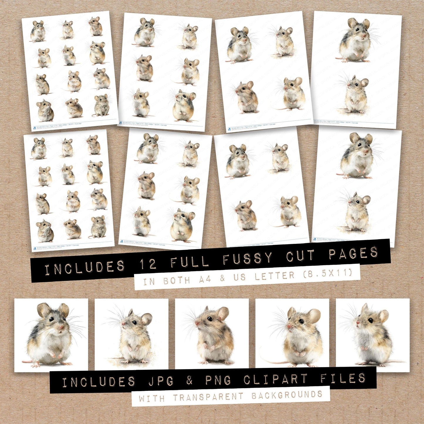 Full collection view of Cute Little Field Mouse fussy cut sheets with bonus clipart JPG and PNG files