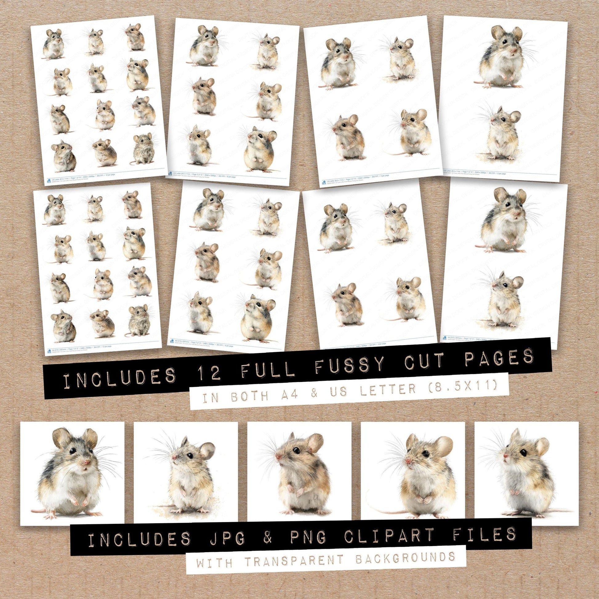 Full collection view of Cute Little Field Mouse fussy cut sheets with bonus clipart JPG and PNG files